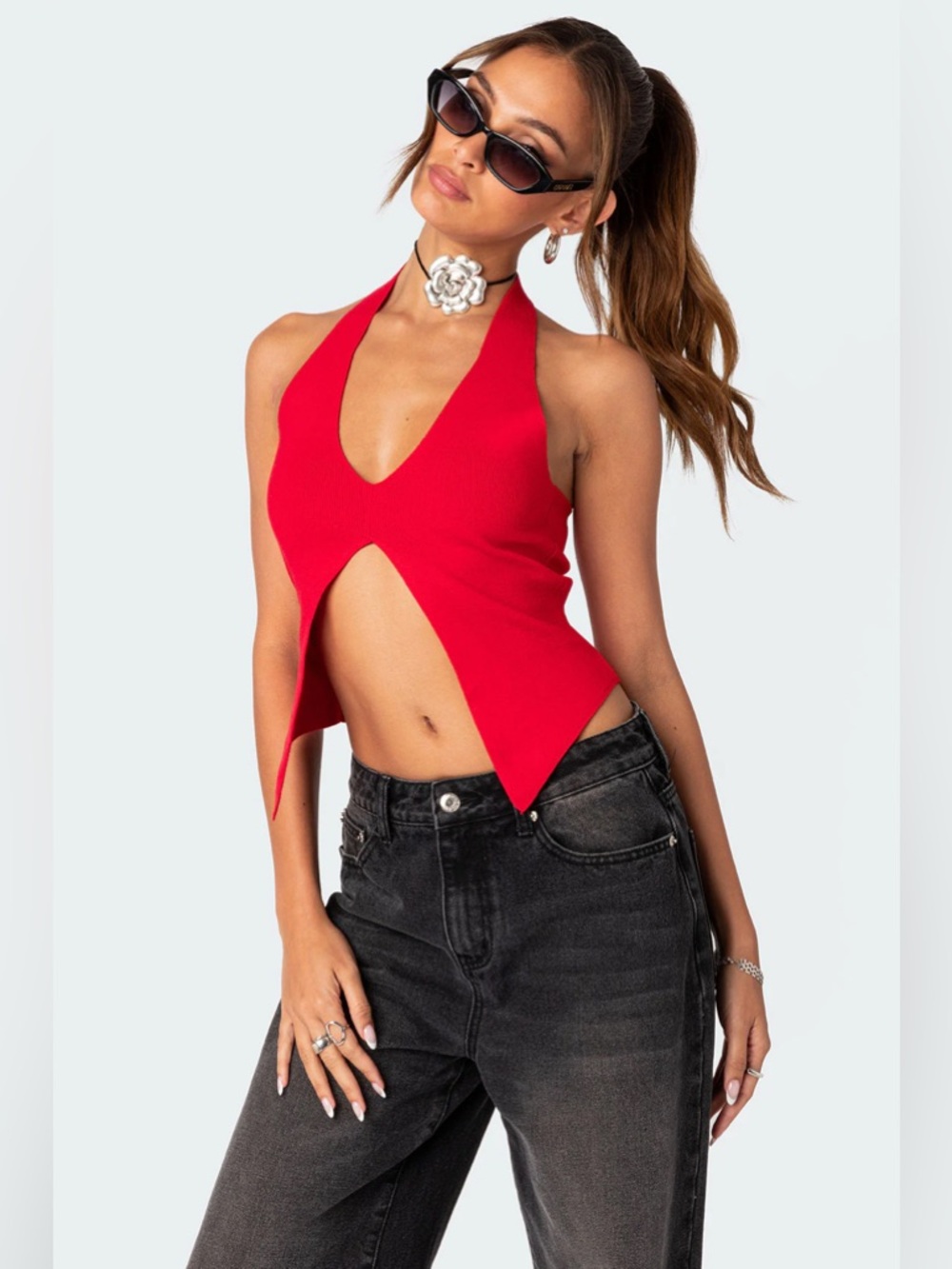 Edikted Red Halter Knit Split Front Top S